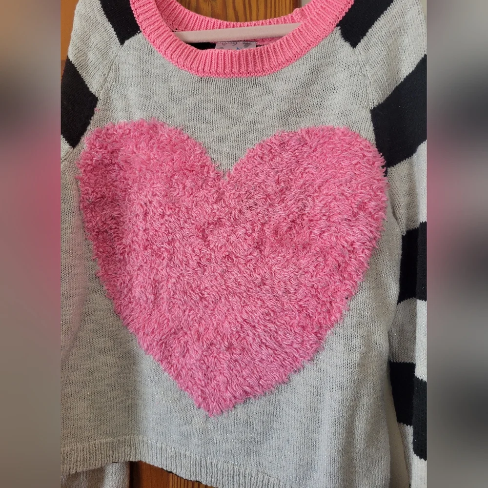 Girls Justice Pink Fuzzy Heart Sweater with Cream And Black Stripes 10